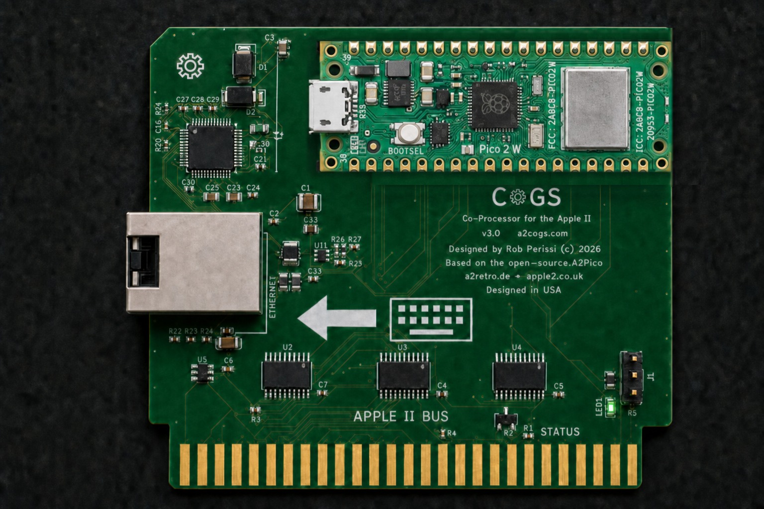 CoGS Rev 3.0 board render: green PCB with gold edge connector, a Raspberry Pi Pico 2 W seated across the top socket, onboard W5500 Ethernet with a silver RJ45 jack at the rear, three bus transceivers over the Apple II bus, and a status LED. Designed by Rob Perissi, built on the open-source A2Pico carrier by Glenn Jones, Oliver Schmidt, and Ralle Palaveev.