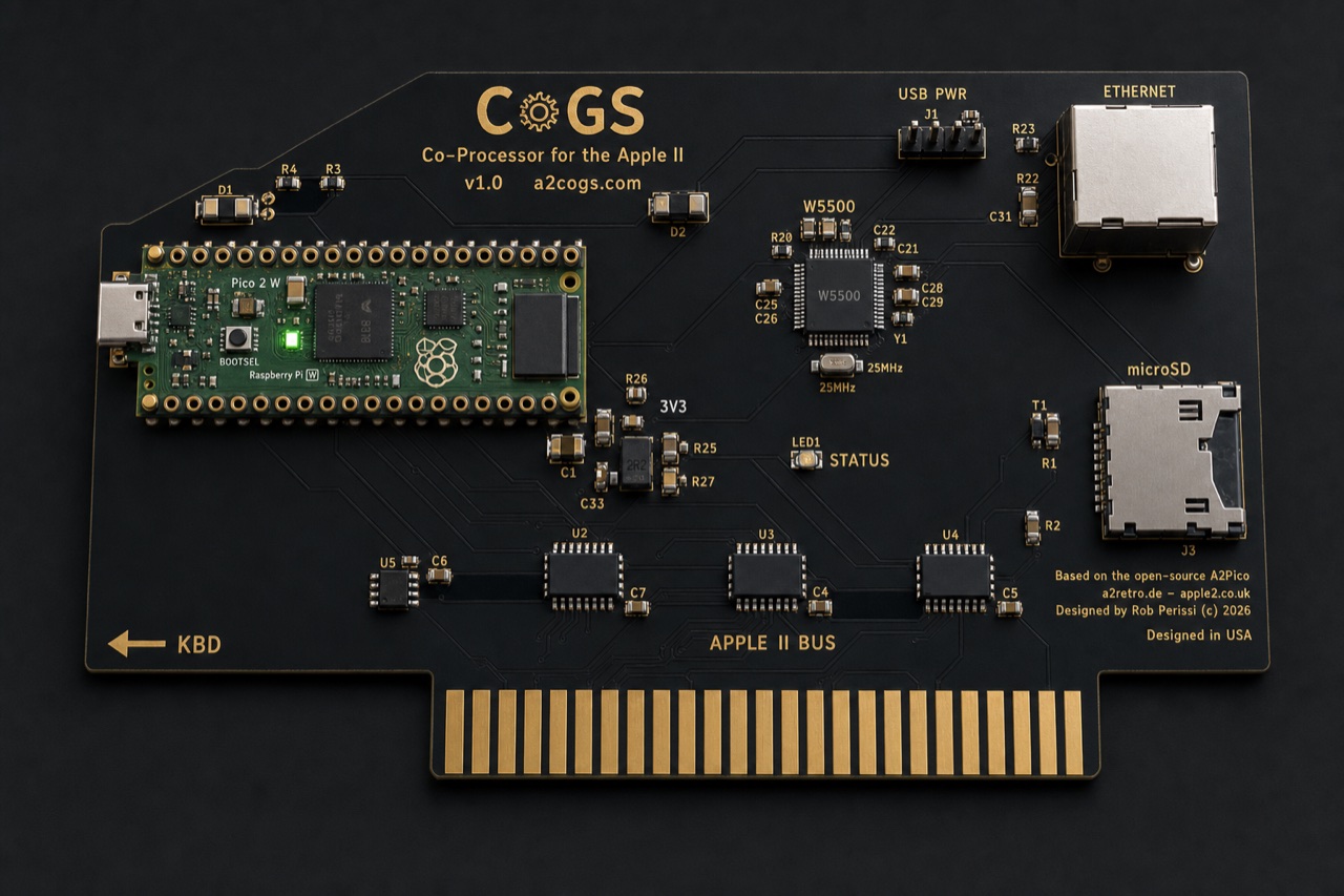 CoGS Rev 1.0 board render: matte black PCB with gold edge connector, a Raspberry Pi Pico 2 W seated in the socket, a W5500 and silver RJ45 Ethernet jack, three bus transceivers over the Apple II bus, micro SD, and a status LED. Designed by Rob Perissi, based on the open-source A2Pico project.