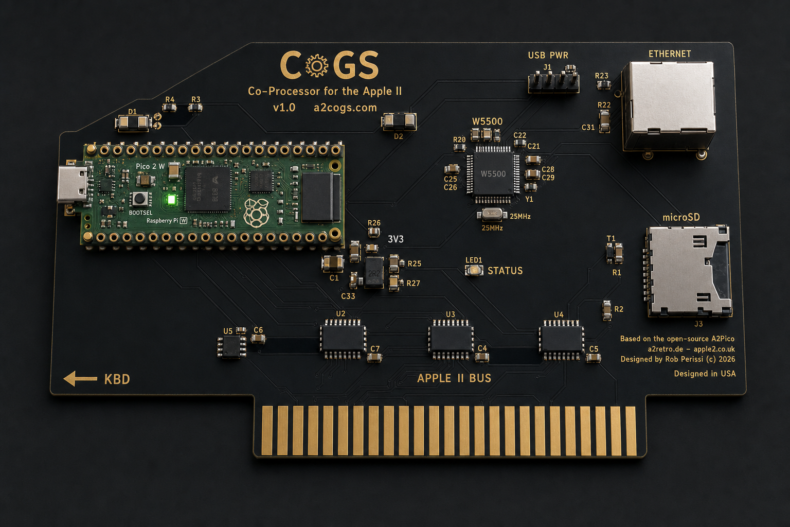 CoGS Rev 1.0 board render: matte black PCB with gold edge connector, a Raspberry Pi Pico 2 W seated in the socket, a W5500 and silver RJ45 Ethernet jack, three bus transceivers over the Apple II bus, micro SD, and a status LED. Designed by Rob Perissi, based on the open-source A2Pico project.