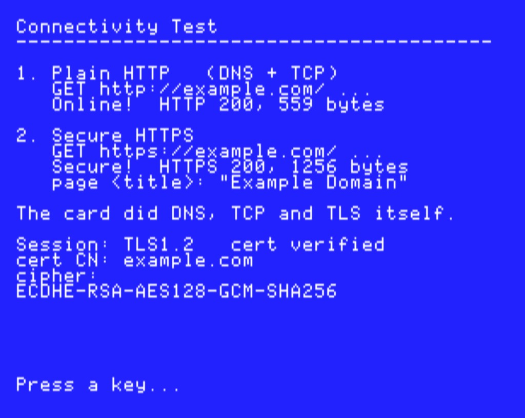 Connectivity test: plain HTTP and verified HTTPS &mdash; the card does DNS, TCP and TLS itself