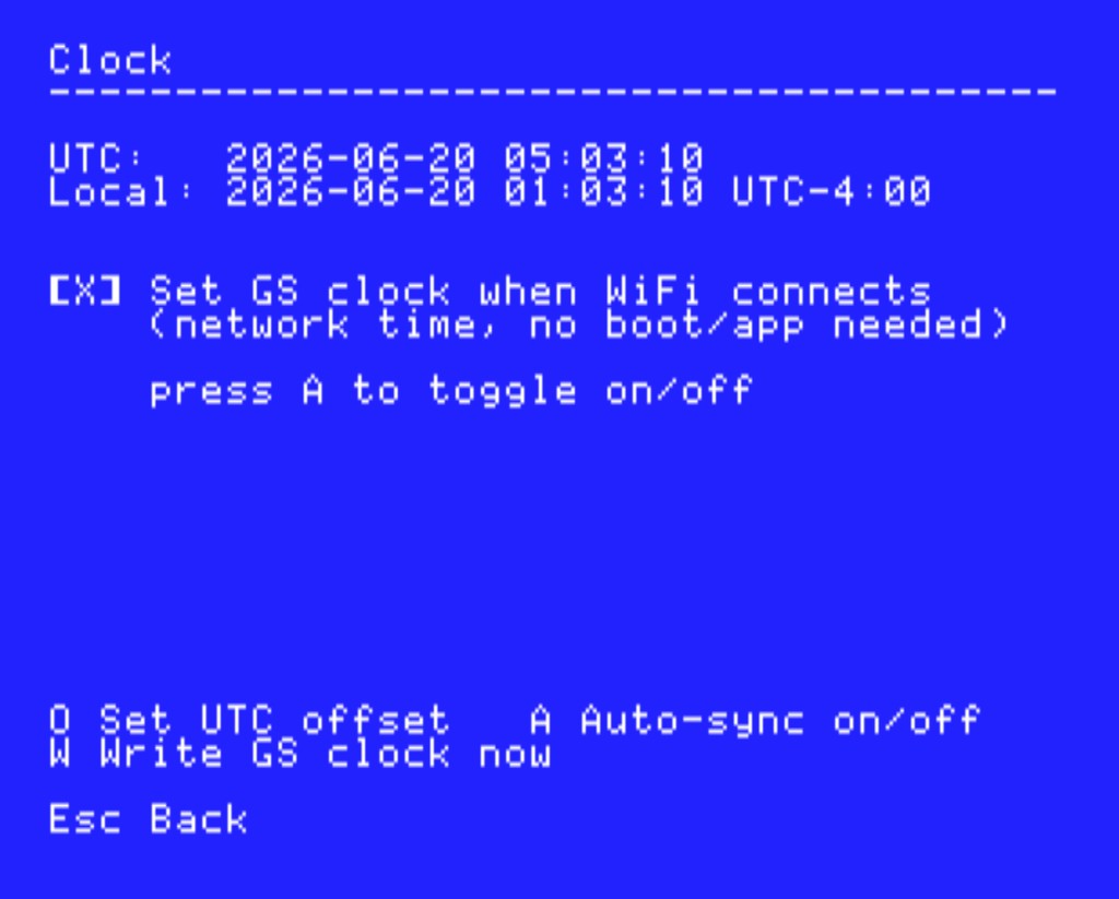 Clock: network time, auto-synced when Wi-Fi connects