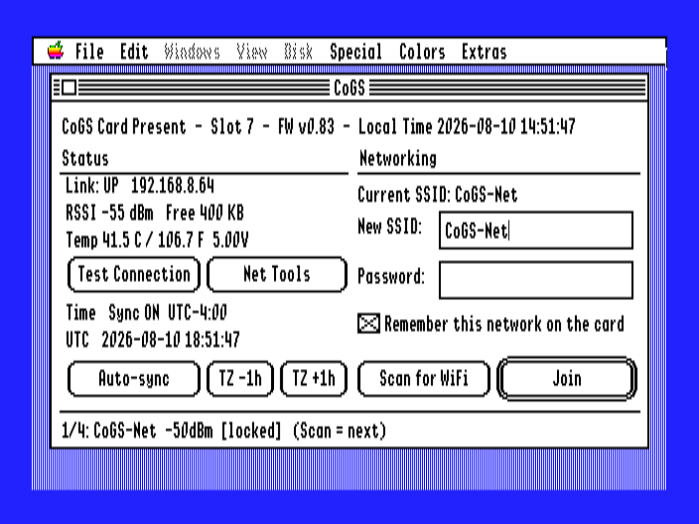 CoGS Control Panel (CDev): status, networking, clock, and Wi-Fi join