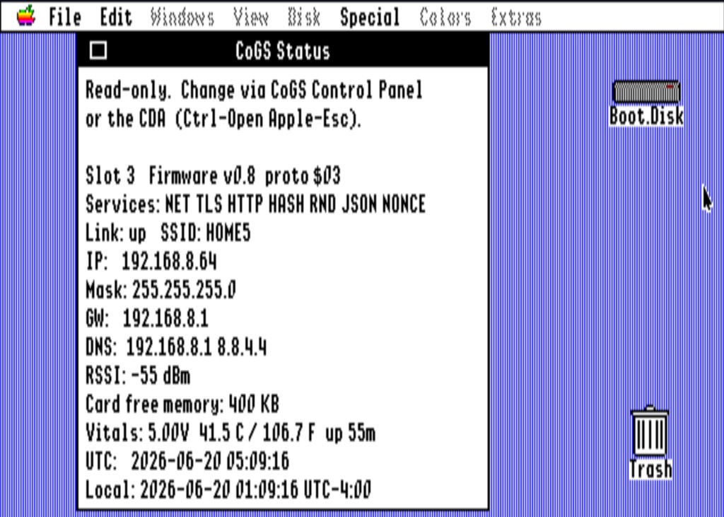 CoGS Status (NDA): live link, IP, card vitals, and clock floating over the desktop