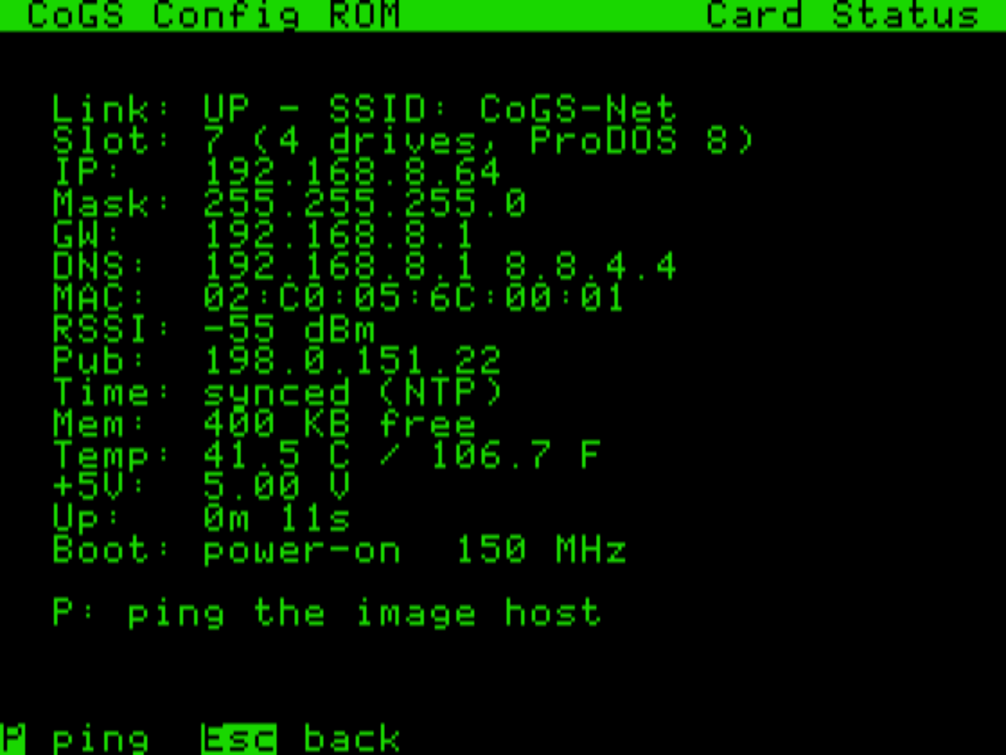 Card Status from ROM on an Apple //e: link, IP, MAC, signal, public IP, time sync, and card vitals, green phosphor and all