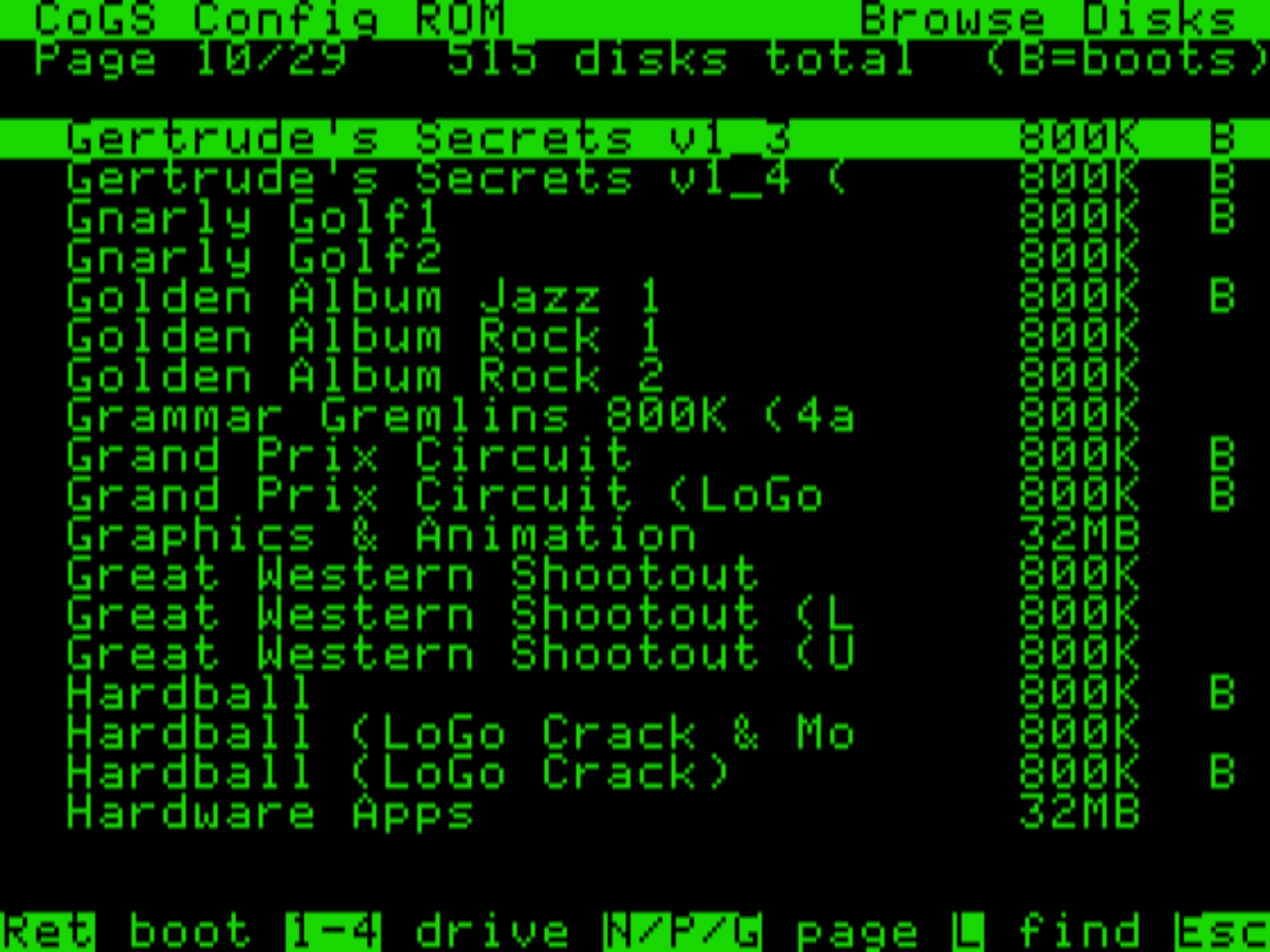 The same 515-disk index browsed from an Apple //e, green phosphor and all