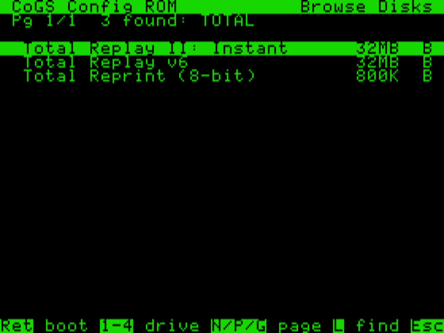 Whole-corpus search on an Apple //e: typing TOTAL finds Total Replay, one Return from booting its 400+ titles over the network