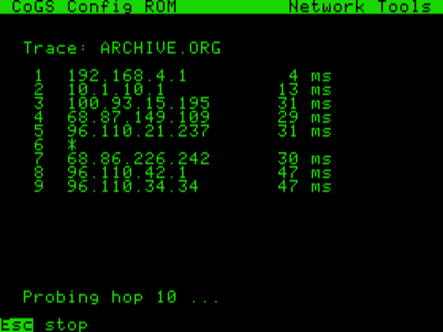 A live traceroute to archive.org running on the //e's green phosphor screen, hop by hop with round-trip times