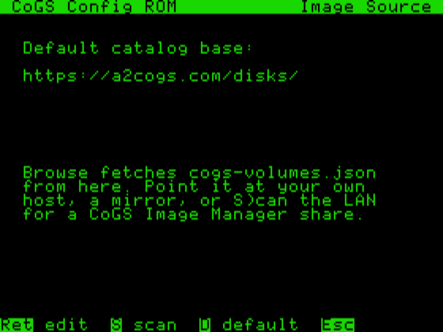 Image Source on the //e: the a2cogs.com catalog base, editable, with a one-key LAN scan for a CoGS Image Manager share