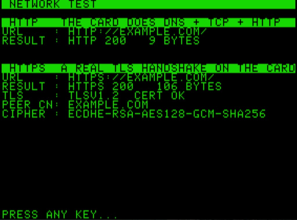 Network test on an 8-bit Apple II: plain HTTP and a real TLS 1.2 HTTPS handshake done on the card