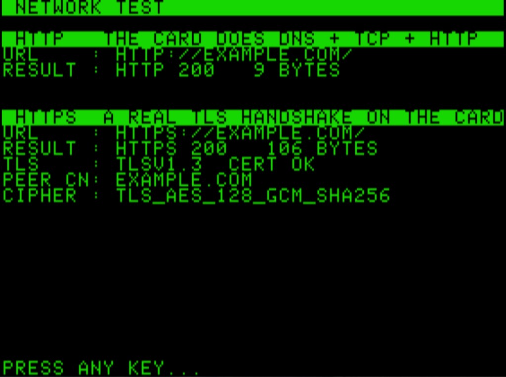 Network test on an 8-bit Apple II: plain HTTP and a real TLS 1.3 HTTPS handshake done on the card