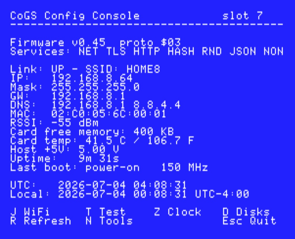 CoGS Config Console (CDA): firmware v0.45, services, link, card vitals, and clock, with disk and network tools on the menu