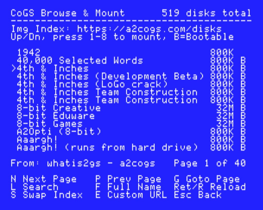 CoGS Browse & Mount in the CDA: the 519-disk index from a2cogs.com, sourced from the whatis2gs collection, credited on screen