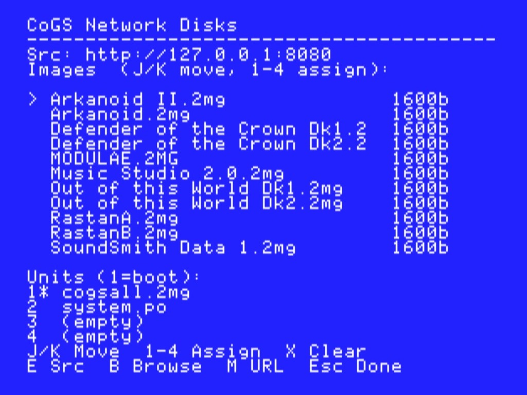 CoGS Config Console browsing a folder of disk images served over the network, ready to mount