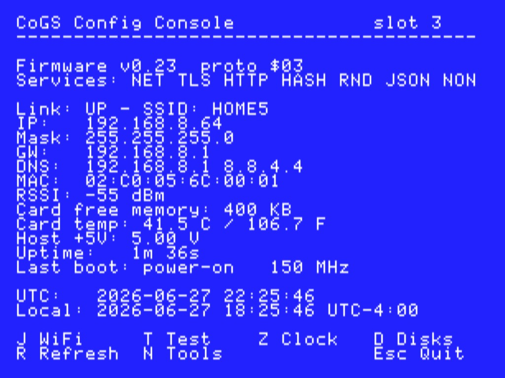 CoGS Config Console: live card status, firmware v0.23, link, IP, and vitals