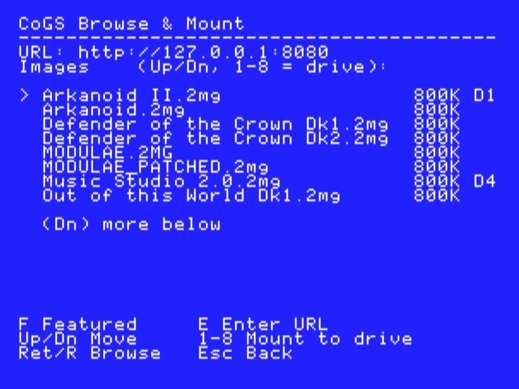 CoGS Config Console browsing a folder of disk images served over the network, ready to mount