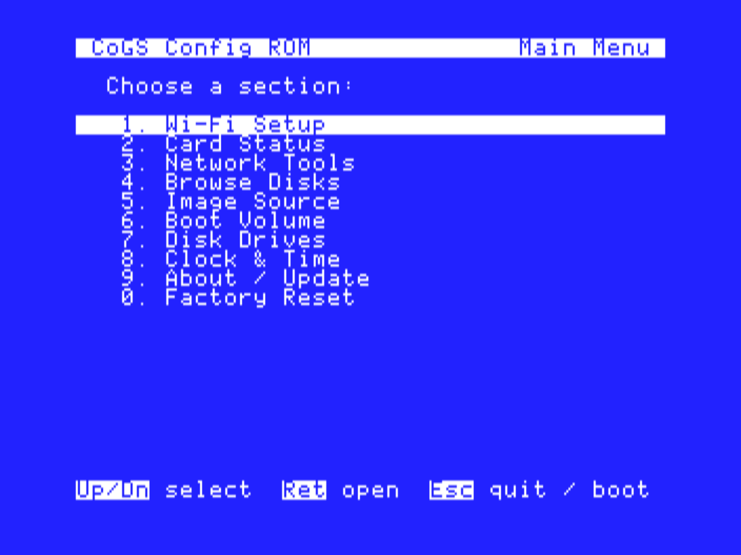 CoGS config ROM main menu on power-on: Wi-Fi setup, card status, network tools, browse disks, image source, boot volume, disk drives, clock, about / update, and factory reset