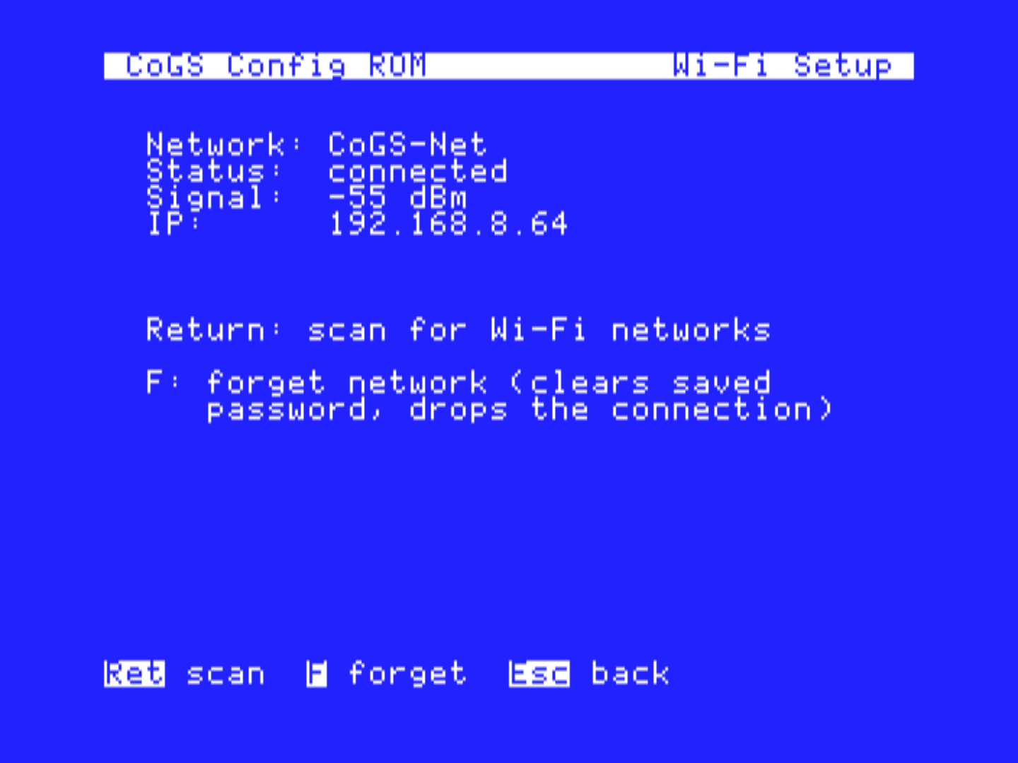 Wi-Fi Setup after joining: SSID, IP, and link state, saved to the card