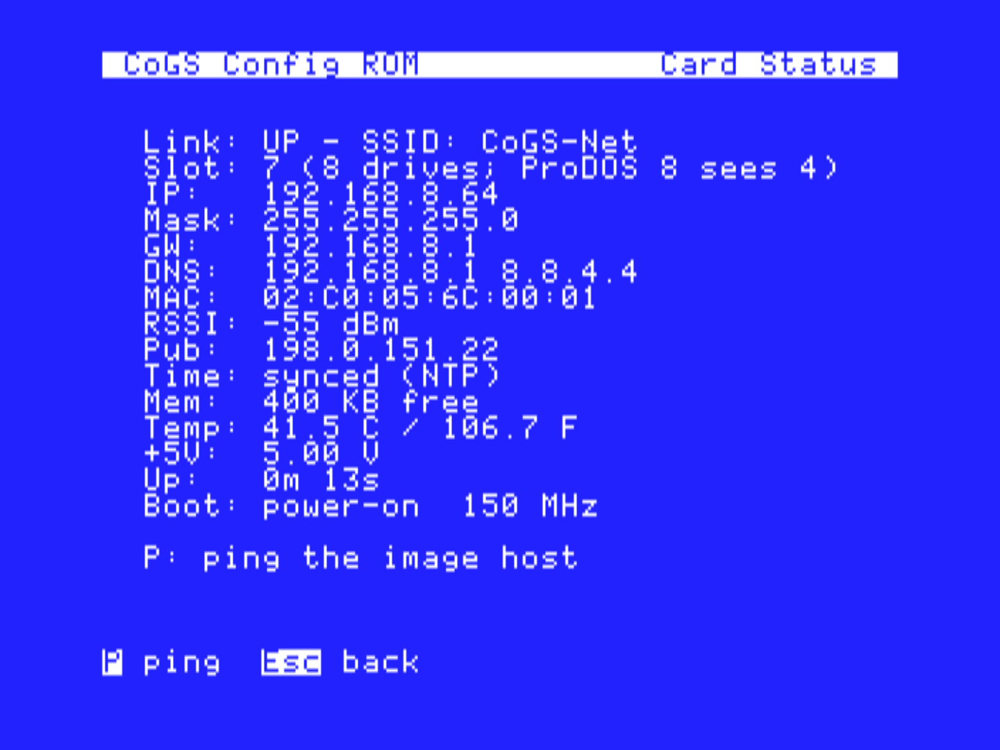 Card Status in the console: link, IP, subnet, gateway, DNS, MAC, signal, public IP, time sync, and card vitals