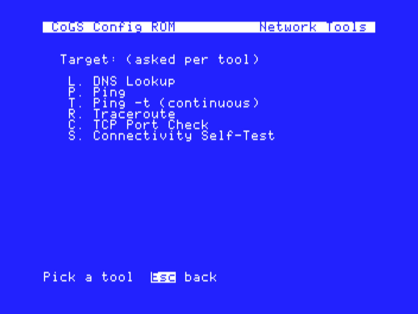 Network Tools menu in the config ROM: DNS lookup, ping, continuous ping, traceroute, TCP port check, and the connectivity self-test