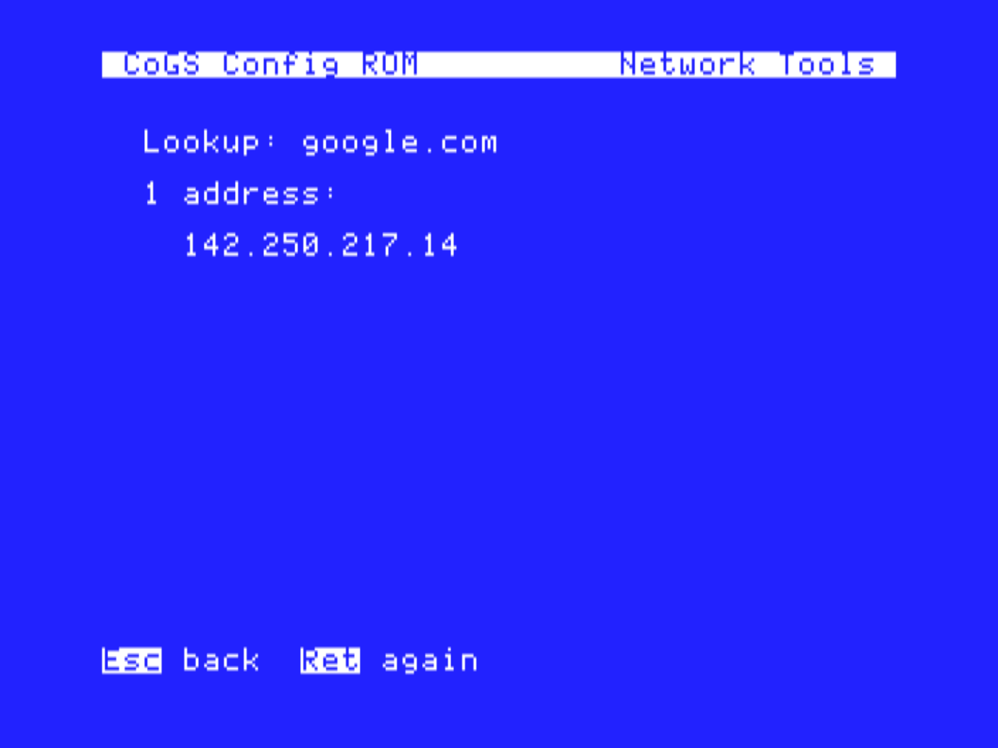 DNS lookup of google.com from the config ROM