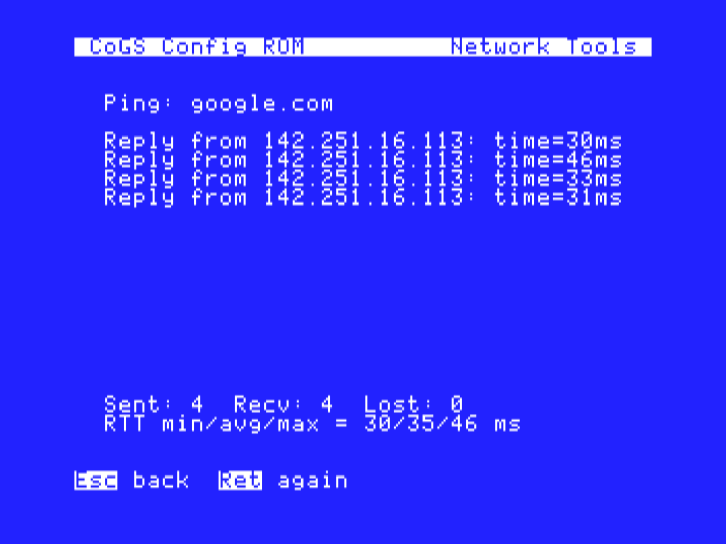 Ping google.com from the config ROM: five replies with times and a summary