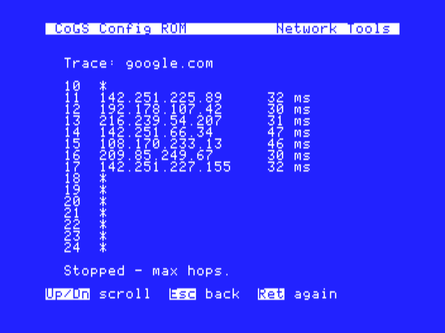 Traceroute to google.com from the config ROM, hop by hop with round-trip times