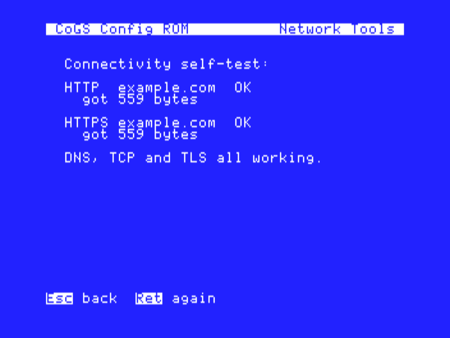 Connectivity self-test: link, DNS, gateway ping, internet ping, and an HTTPS fetch, each with a pass mark