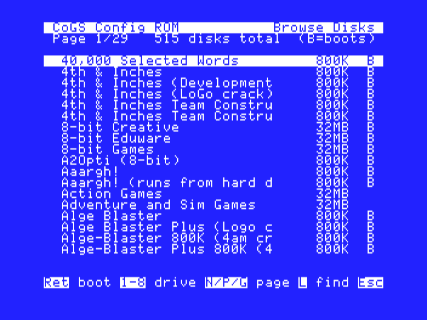 Browsing the 515-disk index: paginated and searchable, with bootable images flagged B, boot on Return or assign to a drive