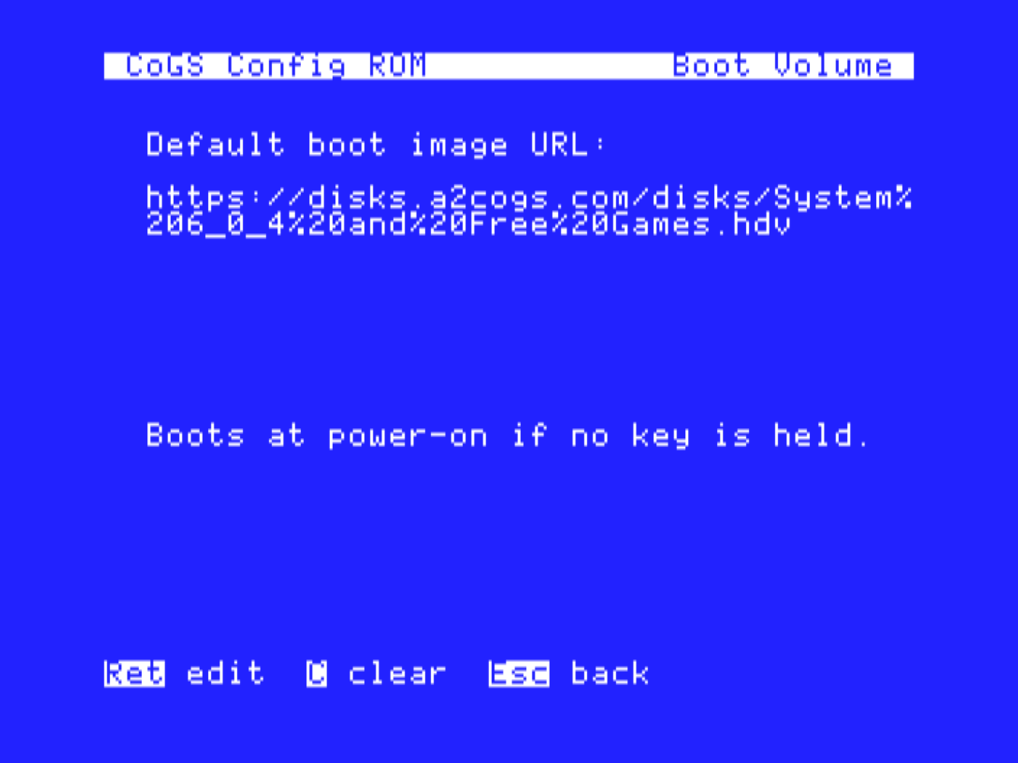 Boot Volume: the image the machine boots at power-on, set from Browse or typed as any URL