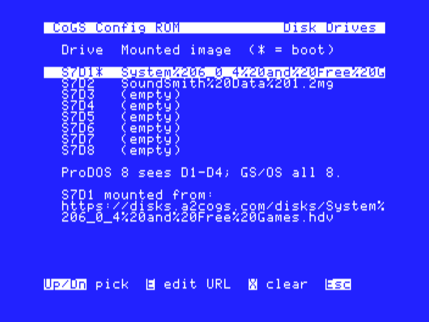 Disk Drives: the multi-unit mount table, images mounted from the network as SmartPort units