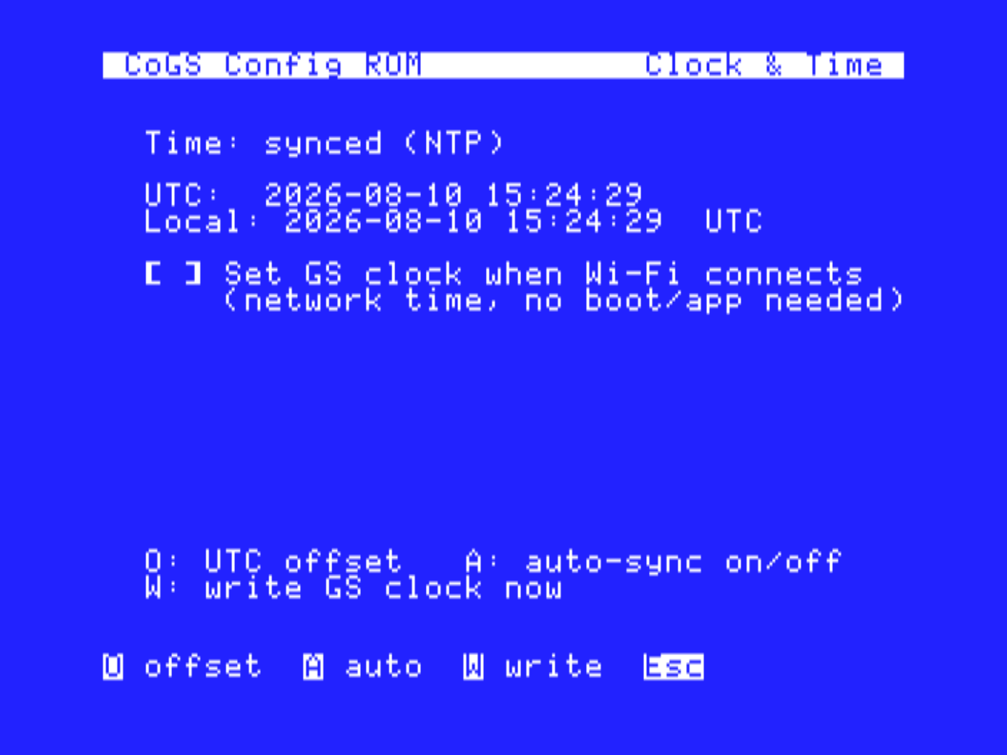 Clock & Time: network time over NTP with time zone, auto-synced when Wi-Fi connects