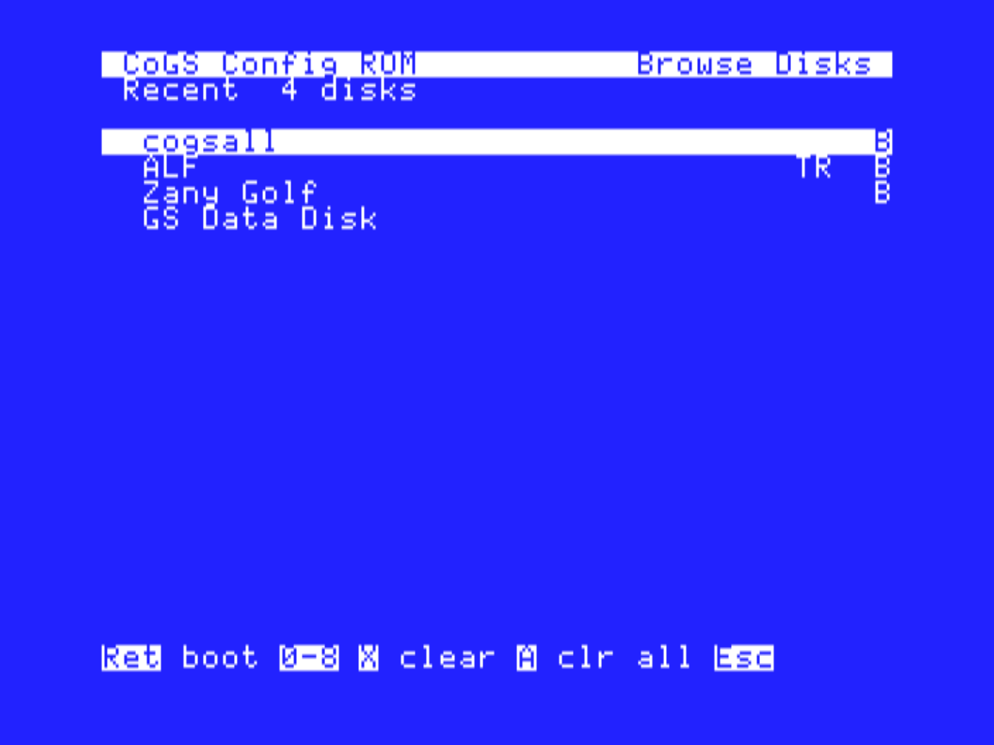 Recent on Browse Disks: the last twelve disks mounted or booted, TR and B carried over with the title, Return boots, 0-8 unmounts or mounts on a drive, X clears one row, A clears the list