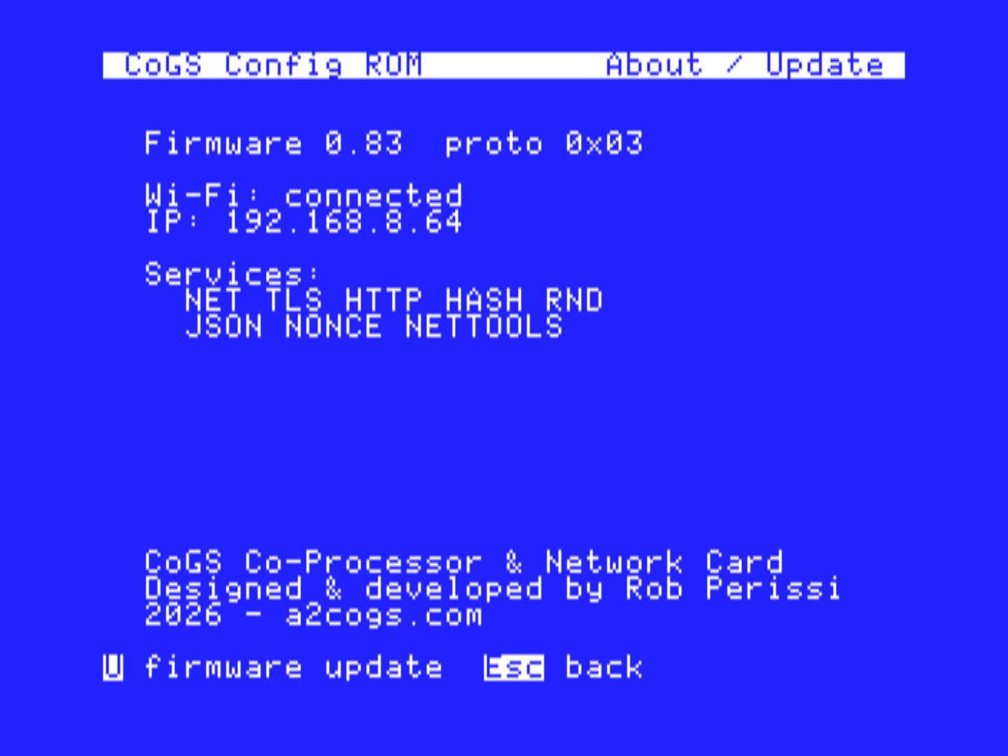 About / Update: firmware and ROM versions, card serial, and the U key to check a2cogs.com for updates