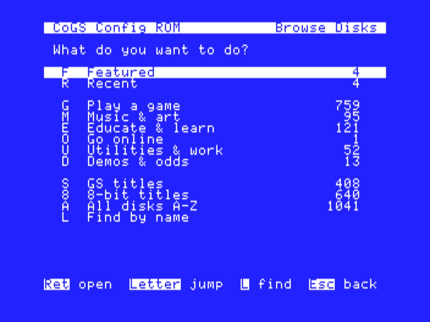 Browse Disks hub in the config ROM: Featured 4, Recent 4, Play a game 759, Music & art 95, Educate & learn 291, Go online 1, Utilities & work 52, Demos & odds 13, GS titles 408, 8-bit titles 812, All disks 1211, Find by name