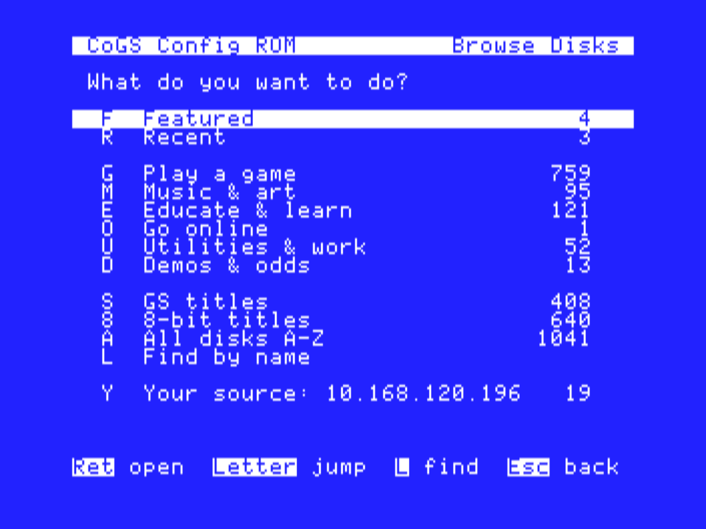 Browse Disks hub with an Image Manager share saved: the a2cogs shelves, All disks, Find by name, then Your source on its own row