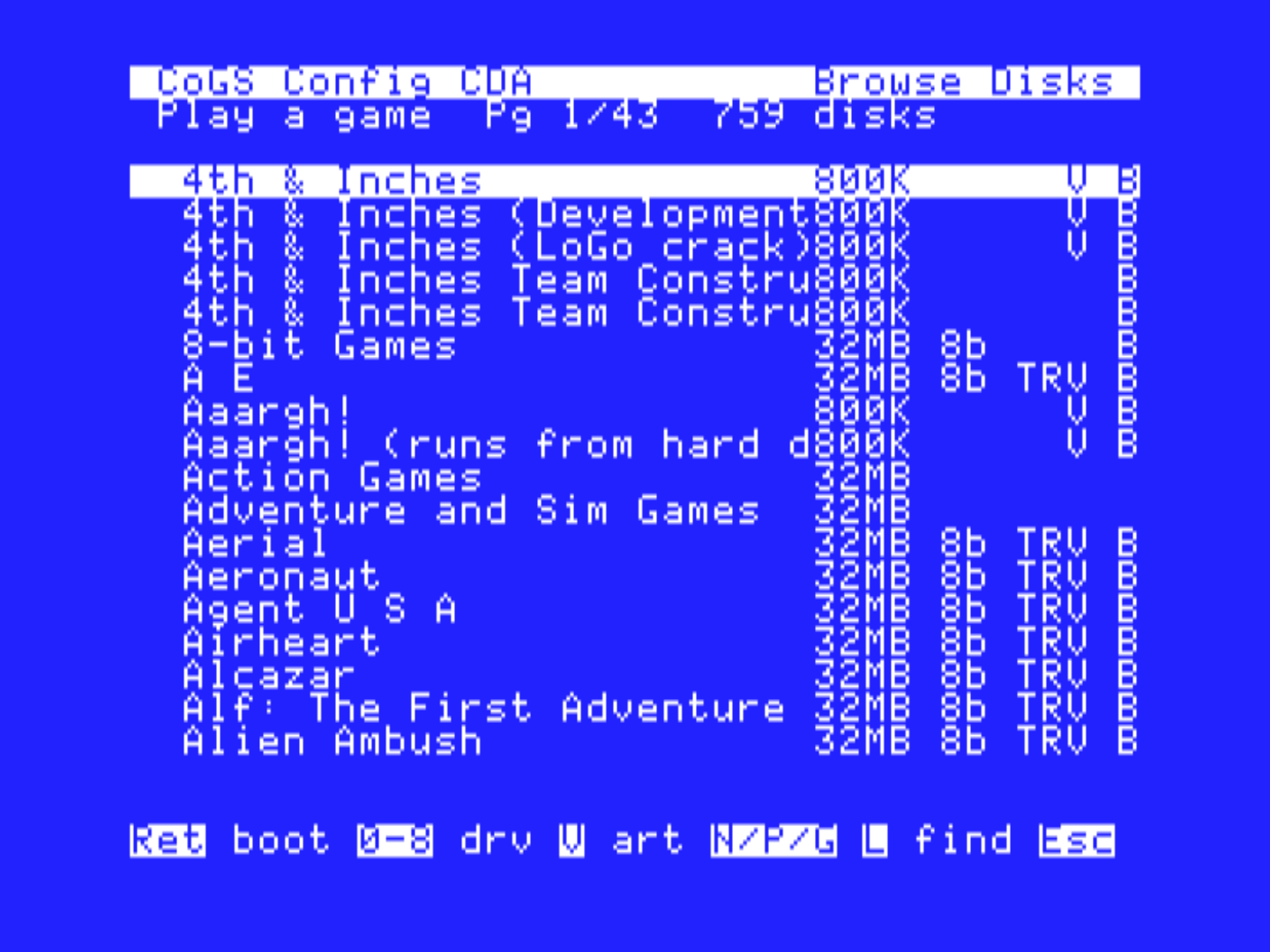 Browse Disks with the V column: every row with box art shows a V, press it to see the cover; TR marks a Total Replay title