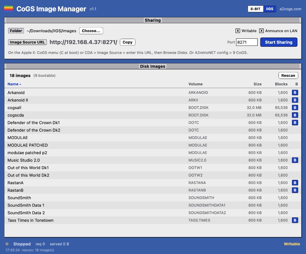 CoGS Image Manager in the IIGS theme: a shared folder of disk images with bootable tags, volume names, sizes, and the LAN image source URL ready to copy