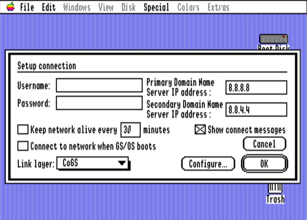Marinetti TCP/IP Setup, with the Link layer set to CoGS