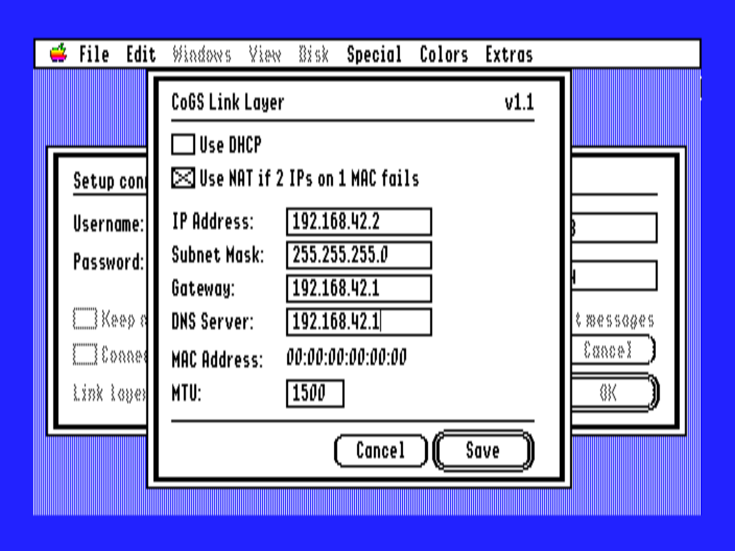 CoGS Link Layer config: DHCP or NAT mode, static IP, subnet, gateway, DNS, MAC, and MTU